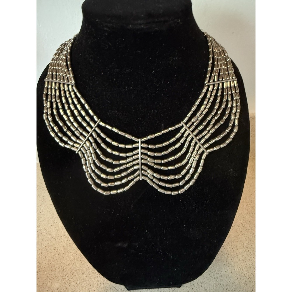 Vtg Silver Toned Beaded Bib Cleopatra Style Necklace Slinky Choker Boho Chic